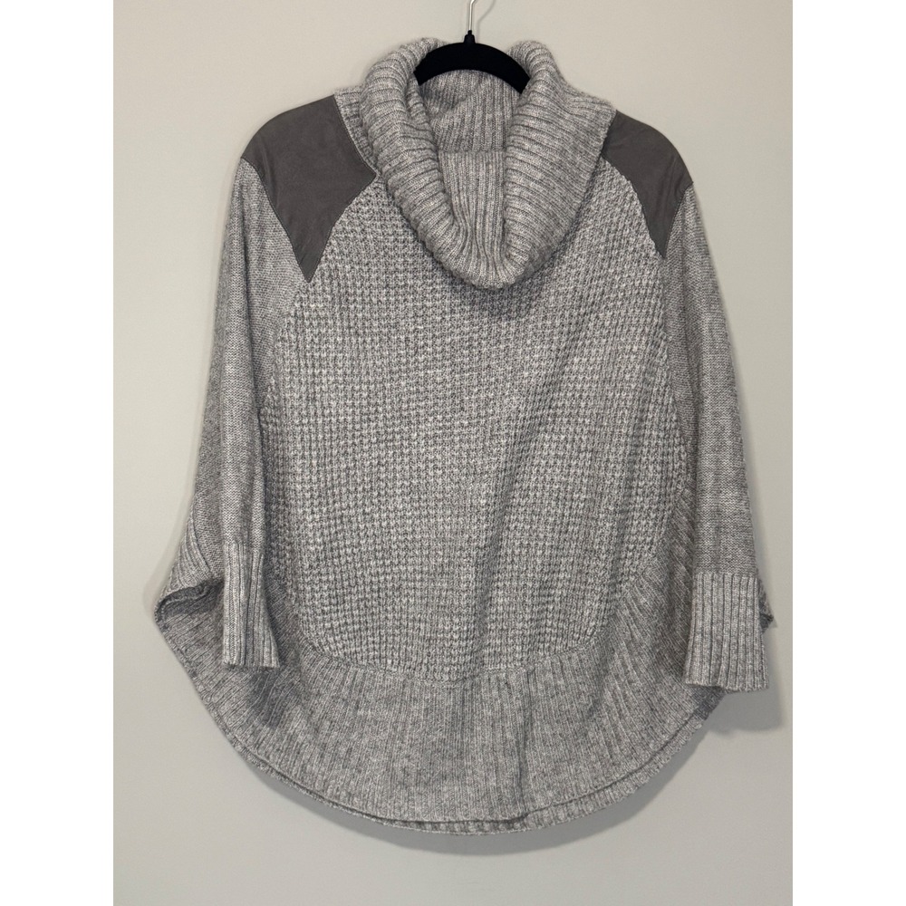 Maison Jules‎ Womens XL Grey Cowl Neck Waffle Knit Poncho Sweater Suede Patches
